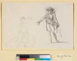 Passo entre duas figuras. À esquerda uma mulher sentada com o torso nu, à direita um homem ambulante com arco e aljava de Nicolai Abildgaard