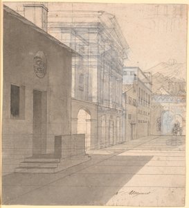 Estudo em perspectiva da arquitetura na imagem da parteira saindo da casa de Androspigen de Nicolai Abildgaard