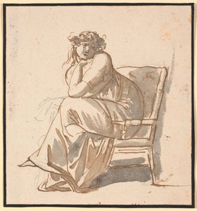 Foto de perfil da segunda esposa do artista Juliane Marie Abildgaard b. Ottesen, grávida, sentada em uma poltrona com o queixo apoiado na mão e o cotovelo no joelho de Nicolai Abildgaard