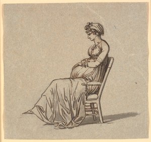 Foto de perfil da segunda esposa do artista, sentada em uma poltrona, grávida de Nicolai Abildgaard