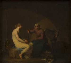A governanta da gangue de ladrões conforta a jovem contando o mito de Cupido e Psique. Motivo de Apulejus: O burro dourado de Nicolai Abildgaard