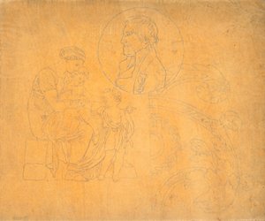 Mulher sentada com dois filhos e retrato em perfil na composição do círculo de Nicolai Abildgaard