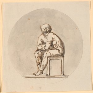 Figura de máscara sentada, emoldurada circularmente. Rascunho para decoração na casa de chá no parque Sorgenfri de Nicolai Abildgaard