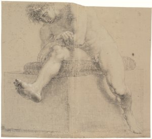 Modelo sentado em pedestal baixo com almofada. Braços cruzados. Perna esquerda dobrada, perna direita estendida de Nicolai Abildgaard