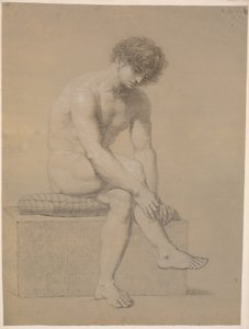 Modelo sentado em pedestal baixo com almofada. Virado à direita. Braços caídos. Pernas cruzadas de Nicolai Abildgaard