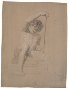 Modelo sentado em pedestal baixo com almofada. Vista frontal. Na mão esquerda um bastão. Perna direita estendida de Nicolai Abildgaard