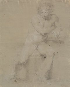 Modelo sentado em pedestal com almofada. Vista frontal. Mão direita sob a axila esquerda de Nicolai Abildgaard