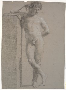 Modelo em pé. Vista frontal. Braço direito apoiado em pedestal alto. Pernas cruzadas de Nicolai Abildgaard