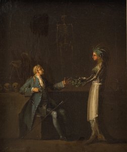 A esposa do médico revela a intenção do marido de anatomizar Niels Klim de Nicolai Abildgaard