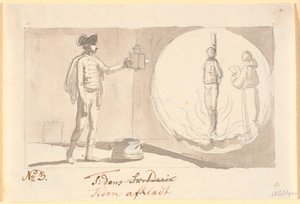 Tempo despido. Um oficial hussardo com uma laterna magica mostra uma imagem de um pecador na pira e ao lado de um monge recitando orações de Nicolai Abildgaard