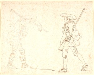 Duas figuras masculinas ambulantes, uma vestida de caçador, a outra carregando um feixe de varas de Nicolai Abildgaard
