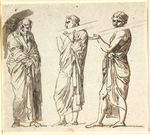 Três homens em pé, os dois mais jovens carregando uma prancha no ombro, o terceiro mais velho em uma postura pensativa de Nicolai Abildgaard