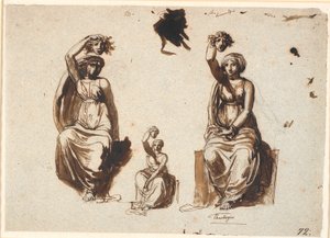 Três estudos para uma figura feminina sentada alegórica com uma cabeça erguida de Medusa na mão direita de Nicolai Abildgaard