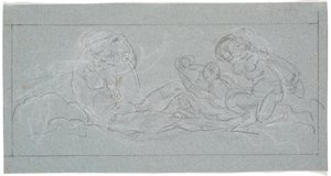 Rascunho para peça de porta. Um jovem reclinado derrama água de uma jarra, para as ninfas do mar direitas de Nicolai Abildgaard
