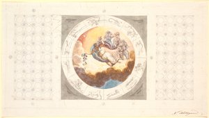 Projeto de decoração de teto com cassetes e no centro uma imagem circular com a manhã espalhando flores de Nicolai Abildgaard