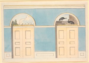 Projeto de decoração de parede com campos semicirculares acima de duas portas, em paredes azuis de Nicolai Abildgaard