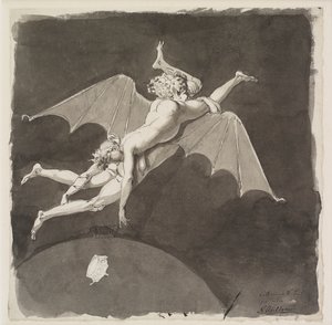 Catarina, a Grande, nua, voando para longe da Terra nas costas de um homem com asas de morcego, 18º cen