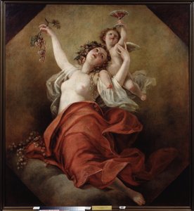 Bacchante (Bacchante). Uma mulher com o peito nu segura cachos de uvas com um anjo carregando uma taça de vinho tinto. Pintura de Nicolai Apollonovich Malkov (1794-1873), óleo sobre tela