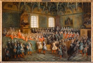 Sessão do Tribunal (Lit de Justice), realizada no Parlamento em 22 de fevereiro de 1723 ...