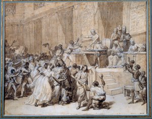 Revolução Francesa: a Convenção Nacional decreta a abolição da escravatura nas colónias em 4/02/1794 (16 Pluviose An II) em Paris. Desenho de tinta de Nicolas Andre Monsiau (1754-1837) Sol. 0,26x0,33 m Paris, Musee Carnavalet