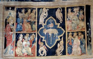 Cortina do Apocalipse (1373-1383), n. 7: os anciãos dão glória a um cordeiro, símbolo de Cristo. Tapeçaria de Nicolas Bataille (1330-1405) de Nicolas Bataille