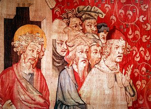 Detalhe de homens ouvindo o anjo predizer sua tortura, de "O Apocalipse de Angers", 1373-87 de Nicolas Bataille