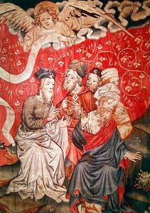 Detalhe do anjo trazendo o Evangelho aos homens, não. 49 de O Apocalipse de Angers, 1373-87 de Nicolas Bataille