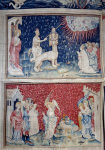 Pendurado de Apocalipse (1373-1383), n. 44: o Bete da terra provoca a queda do fogo do céu. Abaixo, n. 51, o terceiro anjo e o cordeiro. Tapeçaria de Nicolau Bataille (1330-1405) de Nicolas Bataille