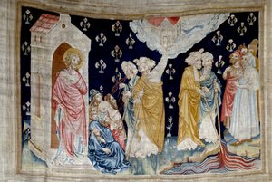 Pendurado de Apocalipse (1373 -1383), n. 28: o milagre. Fideles, servos de Deus e profetas, olham para o rio transformado em sangue. Tapeçaria de Nicolas Bataille (1330-1405) de Nicolas Bataille