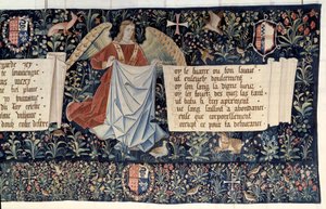 Pendurado do Apocalipse (1373-1383), anjos portadores de instrumentos da Paixão. Tapeçaria de Nicolas Bataille (1330-1405) de Nicolas Bataille