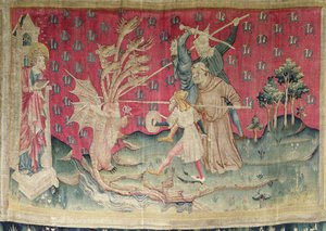 O Dragão Lutando com os Servos de Deus, não. 39 do "Apocalipse das fadas", 1373-87 (tapeçaria) de Nicolas Bataille