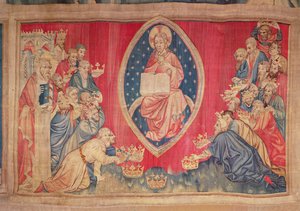 Os vinte e quatro anciãos se prostram diante de Deus, da tapeçaria do Apocalipse de Angers, 1373-87 (tapeçaria) de Nicolas Bataille