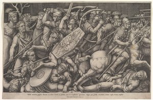 Soldados romanos lutando contra dácios, cena de batalha em profundidade rasa com cavalos e hor..., 1553. de Nicolas Beatrizet