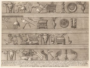 O Espelho Romano da Magnificência: Instrumentos de Sacrifício Baseados no Antigo Relevo Sc..., ca. 1550-75. de Nicolas Beatrizet.