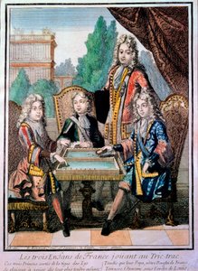 Os netos de Luís XIV (1638-1715), Luís Duque de Borgonha (d. 1712), Philippe, Duque de Anjou (1683-1746), e Carlos, Duque de Berry com seu pai, Luís (d. 1711), golfinho da França, tocando tric trac (Trictrac ou Trictrac: antepassado de backga