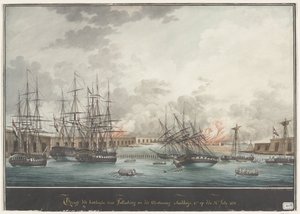 Vista das baterias fora de Palembang após a vitória ao meio-dia - 12h00 de 24 de Julho de 1821 (título sobre o objecto) de Nicolas Cammillieri