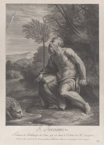 São Jerônimo sentado em uma árvore olhando para um crucifixo, um leão bebendo água de uma r..., 1728 de Nicolas Chateau