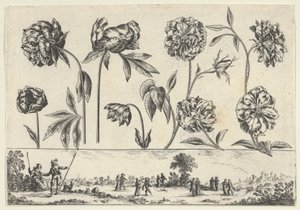 Painel horizontal com uma fileira de flores acima de um friso com figuras em uma paisagem, de Li..., 1645. de Nicolas Cochin