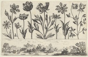 Painel horizontal com uma fileira de flores acima de um friso com figuras em uma paisagem, de Li..., 1645.