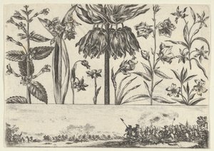 Painel horizontal com uma fileira de flores acima de um friso com uma cena de batalha em uma paisagem, ..., 1645.