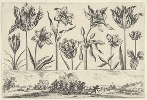 Painel horizontal com uma fileira de flores acima de um friso com uma cena de batalha em uma paisagem, ..., 1645. de Nicolas Cochin