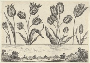 Painel horizontal com uma fileira de flores acima de um friso com uma cena de caça em uma paisagem,..., 1645. de Nicolas Cochin