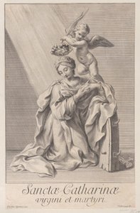 Santa Catarina de Alexandria, ajoelhada com o cotovelo apoiado na roda cravada, e um..., 1698. de Nicolas Dorigny