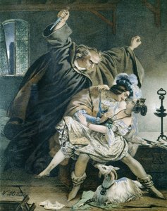 Esmeralda, Phoebus e Claude Frollo (Notre Dame de Paris) de Victor Hugo. Ilustração de Nicolas Eustache Maurin 1799-1850 Coleção particular.