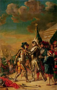 Henri II (1519-59) Dando a Corrente da Ordem de Saint-Michel a Gaspard de Saulx (1509-73) Conde de Tavannes, após a Batalha de Renty, 13 de agosto de 1554, 1789