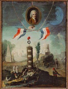 Alegoria da Revolução Francesa com um retrato de Jean-Jacques Rousseau e um chapéu frígio jacobino ...