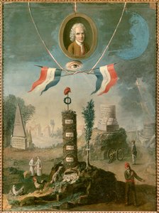 Alegoria Revolucionária: Retrato de Jean Jacques Rousseau, filósofo suíço (1712-1778), com símbolos de revolução. Pintura de Nicolas Henri Jeaurat De Bertry (1728- ap. 1796)