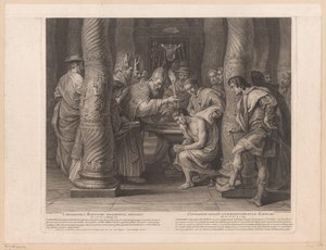 Baptismo do Imperador Constantino pelo Papa Silvester I
Constantinus baptismo solemniter initiatus / Constantin reçoit solemnellement le baptème (título sobre o objecto)
História do Imperador Constantino o Grande (título da série)