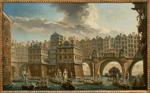 Paris, a disputa entre a Pont Notre-Dame e a Pont au Change de Nicolas and Jean Baptiste Raguenet