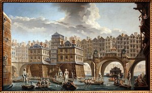 A disputa dos bargemen, entre a ponte Notre Dame e a Pont au Change de Nicolas and Jean Baptiste Raguenet